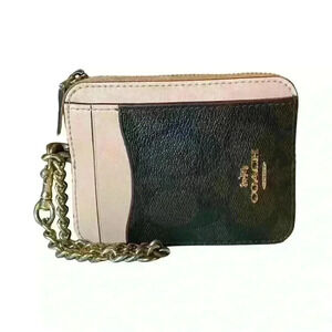 COACH Signature Zip Card Case in Mahogany/Shell Pink 3”X4”